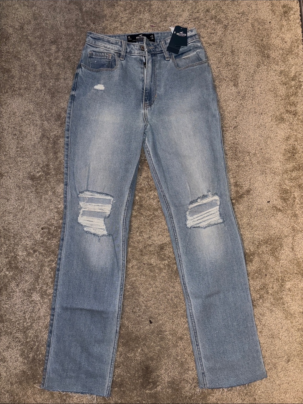 Hollister Faded Light-Blue Straight Leg Ripped Jeans